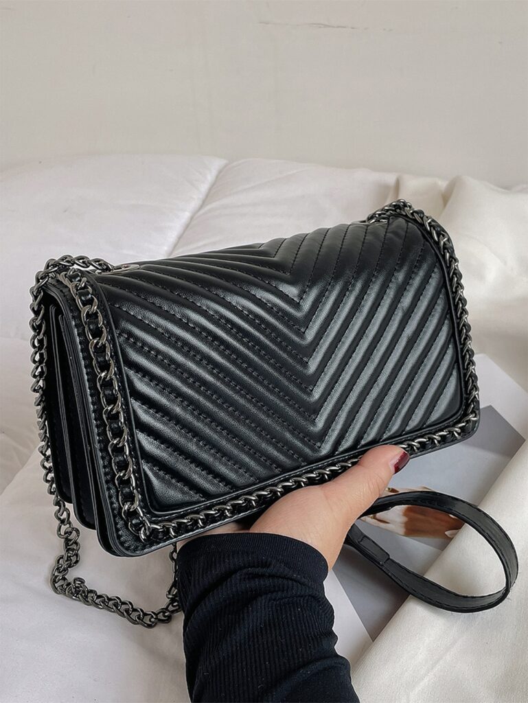 Chevron Quilted Chain Flap Square Bag